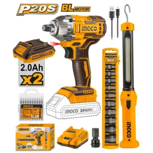 Kit INGCO 20V avec clé à chocs brushless, lampe atelier, douilles, embouts, batteries et chargeur.