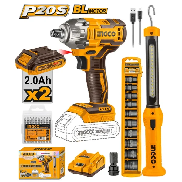 Kit INGCO 20V COSLI23011 – Clé à chocs sans fil avec accessoires - fingodor.com Kit INGCO 20V avec clé à chocs brushless, lampe atelier, douilles, embouts, batteries et chargeur.