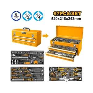 Coffret à outils INGCO en métal orange avec tiroirs ouverts montrant des douilles, clés, tournevis et pinces.