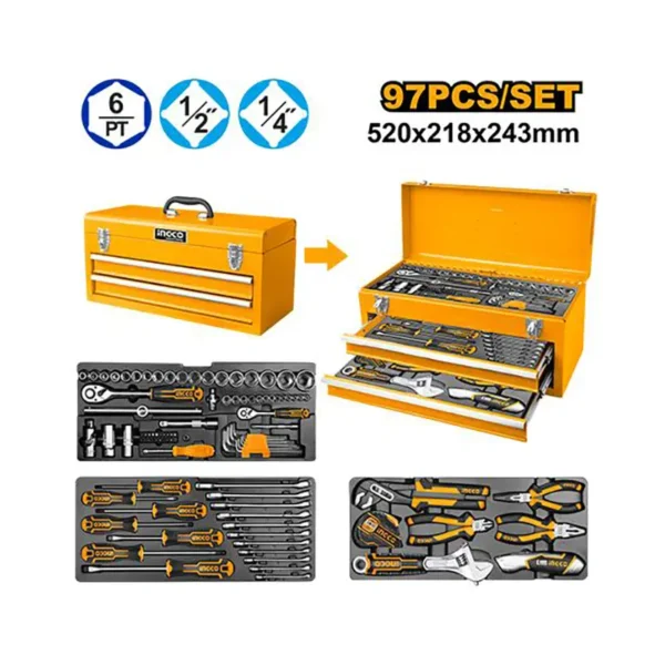 Coffret à outils complet INGCO 138 pièces - fingodor.com Coffret à outils INGCO en métal orange avec tiroirs ouverts montrant des douilles, clés, tournevis et pinces.