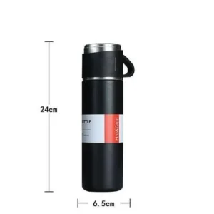 Thermos isotherme noir avec poignée et dimensions 24cm x 6.5cm