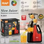 Extracteur de jus lent RAF R.2831 en rouge et noir avec fiche technique