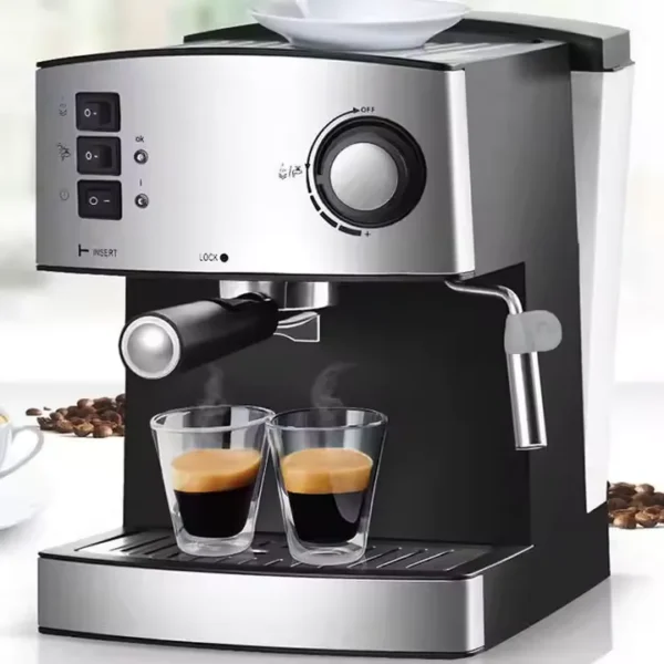 Machine expresso 850W avec double bec verseur et mousseur - fingodor.com Machine à café expresso en inox avec 2 tasses de café servies