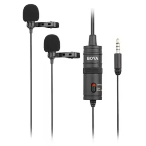 Micro cravate BOYA double avec interrupteur et connecteur TRRS.