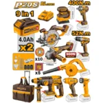 Kit électroportatif sans fil INGCO 20V P20S – 9 outils avec batteries et accessoires
