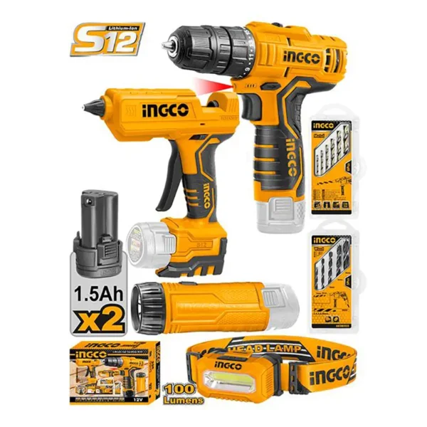 Kit d’outils sans fil INGCO 12V lithium-ion – Modèle COSLI22121 - fingodor.com Ensemble d’outils sans fil INGCO 12V avec perceuse, pistolet à colle, lampe torche, lampe frontale, batteries et accessoires.