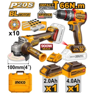 Kit INGCO 20V avec perceuse à percussion, meuleuse brushless, disques, batteries et mallette.