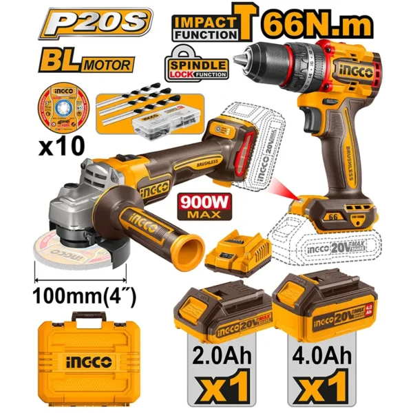 Kit INGCO 20V – Perceuse à percussion + meuleuse brushless - fingodor.com Kit INGCO 20V avec perceuse à percussion, meuleuse brushless, disques, batteries et mallette.