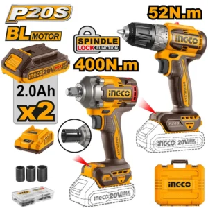 Kit INGCO 20V avec perceuse brushless, clé à chocs, batteries, chargeur, douilles et coffret.