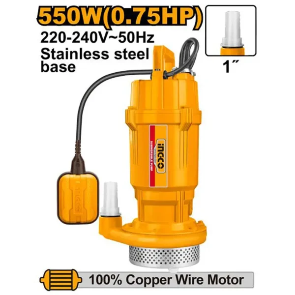 Pompe submersible INGCO 550W avec interrupteur à flotteur et base inox pour eau propre.