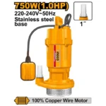 Pompe submersible INGCO 750W avec interrupteur à flotteur, câble 9m et base inox.