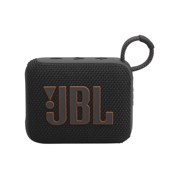 JBL GO 4 - Vue avant - fingodor.com Enceinte Bluetooth JBL GO 4 avec logo JBL orange sur fond noir.