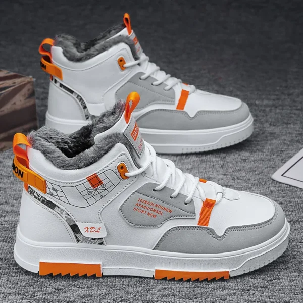 Baskets montantes homme fourrées blanc orange - fingodor.com Baskets montantes homme blanc et orange doublées en fourrure