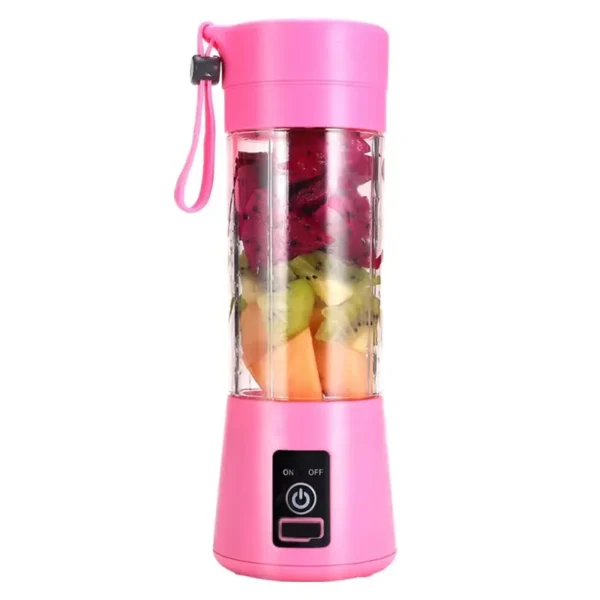 Mini blender USB portable - rose - fingodor.com Mini blender portable rose rempli de fruits frais variés