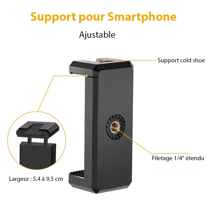 Support de téléphone ajustable avec support cold shoe et filetage 1/4"