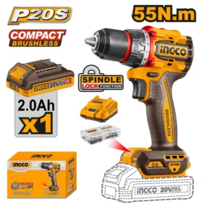 Perceuse INGCO Brushless 20V – 55N.m, Compacte, 2.0Ah